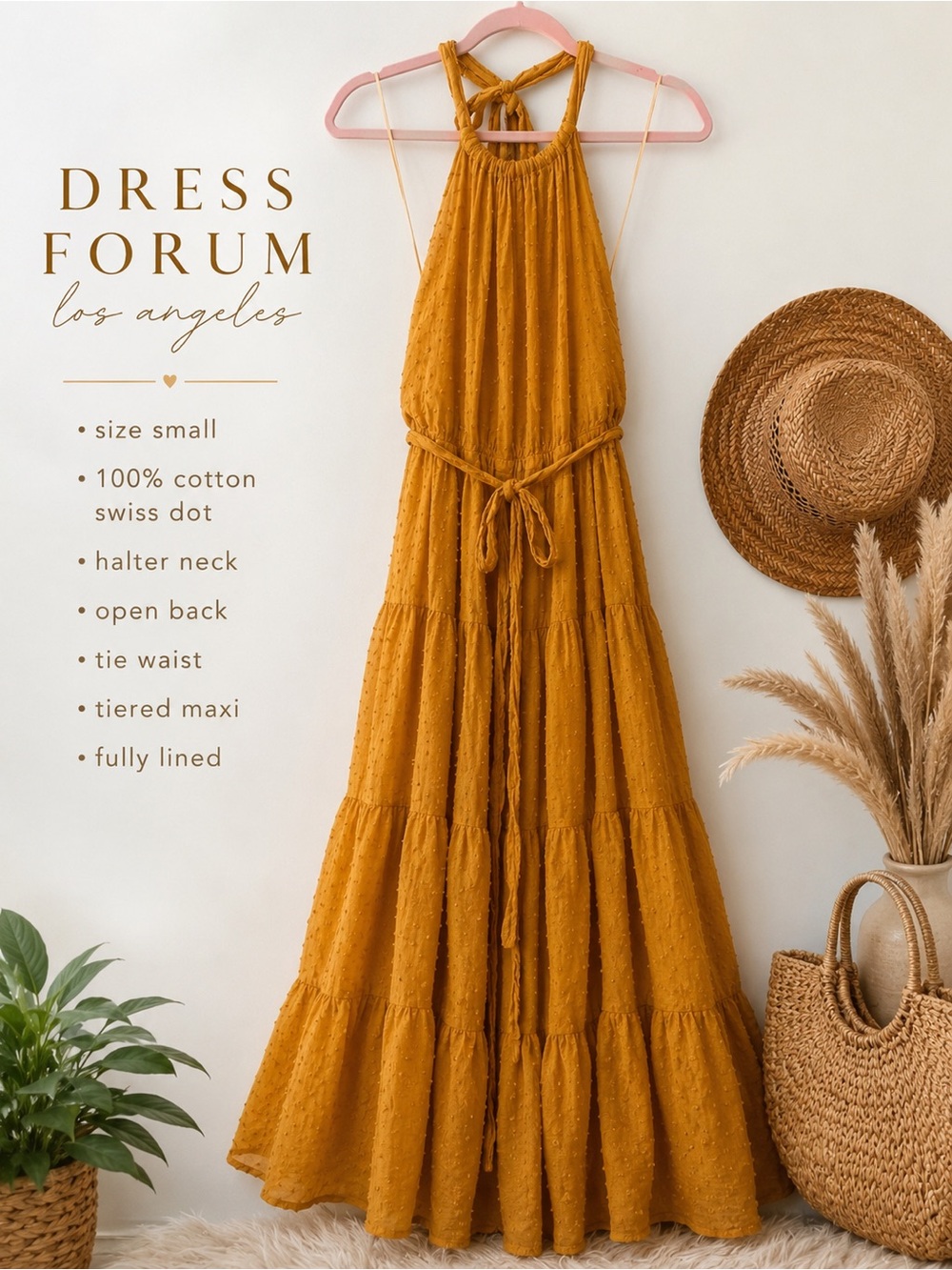 Dress Forum Los Angeles Maxi Dress S Mustard Cotton Swiss Dot Halter Open Back